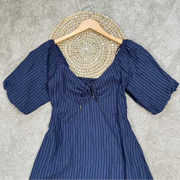 NWT MINKPINK Arielle Midi Dress Shortsleeve Striped Smocked Back Navy Black S - Picture 6 of 16